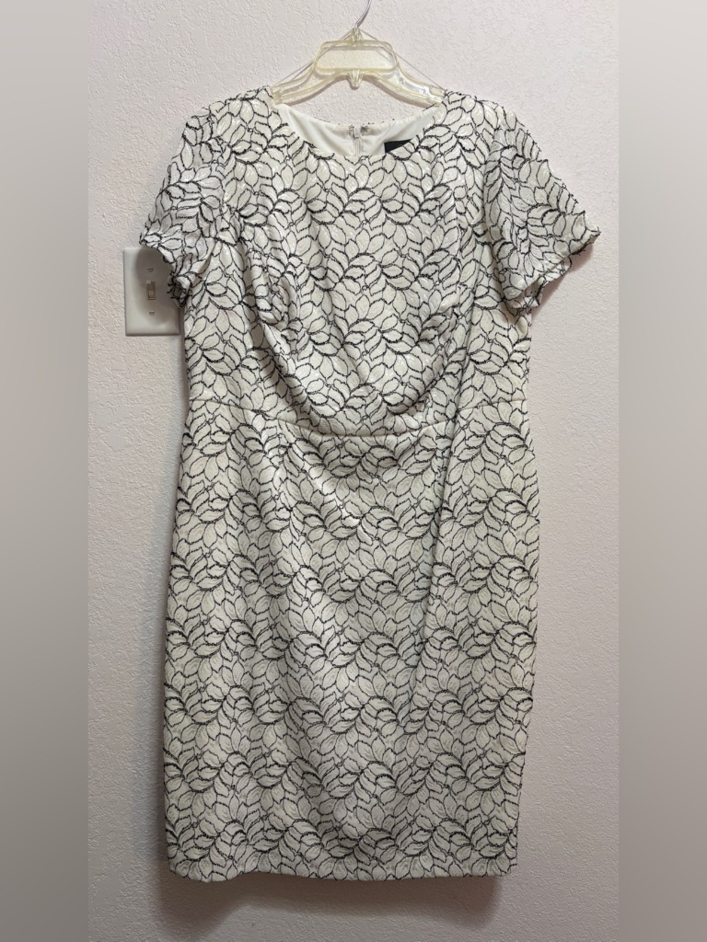 Adrianna Papell Cream dress with Black Leaf Lace Overlay